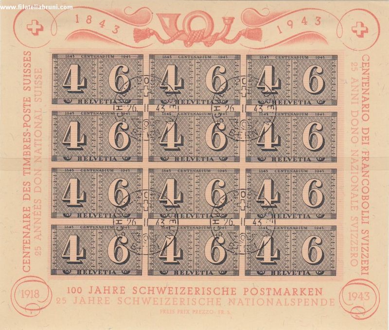1943 Svizzera Schweiz Helvetia centenario dei primi francobolli svizzeri usati used